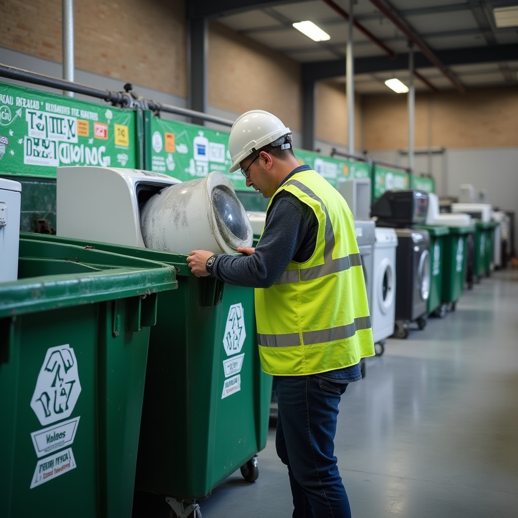A recycling center in Melbourne with sorted recyclable materials like cardboard, plastic, and metal, prepared for eco-friendly processing.