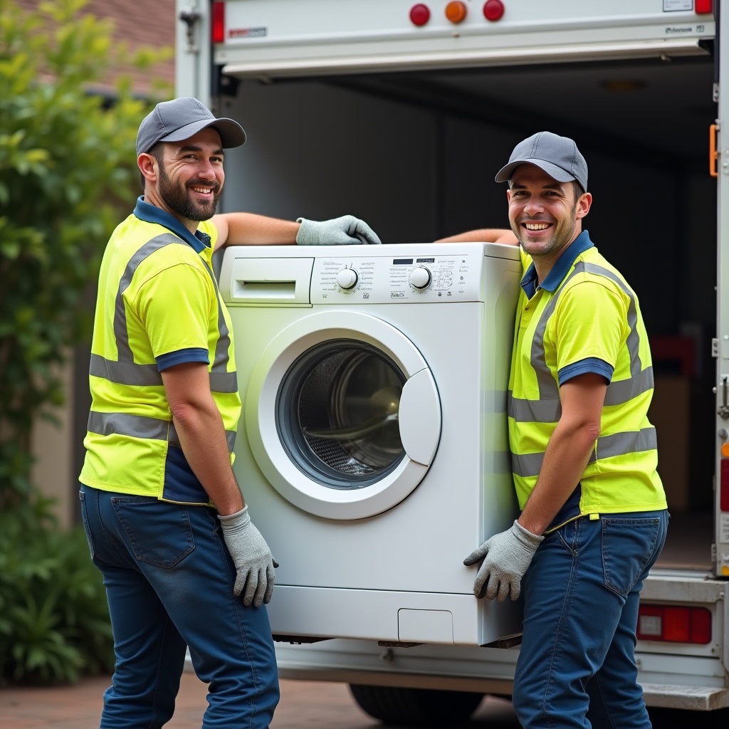 Two friendly professional workers in Melbourne wearing uniforms, ready to remove and dispose of household appliances responsibly.