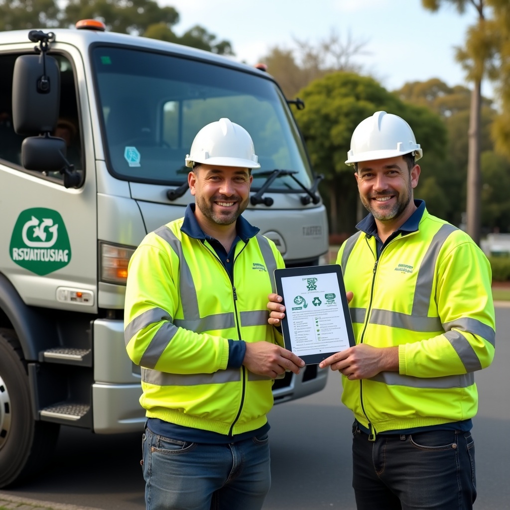 A Melbourne recycling facility with workers, machinery, and sorted recyclable materials, showcasing eco-friendly and sustainable waste processing.