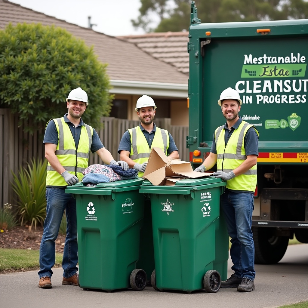 Realistic image of sustainable estate cleanout worker responsibly handling rubbish removal in Melbourne
