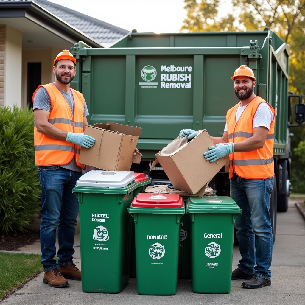 Realistic image of estate cleanout workers practicing sustainable and responsible rubbish removal in Melbourne