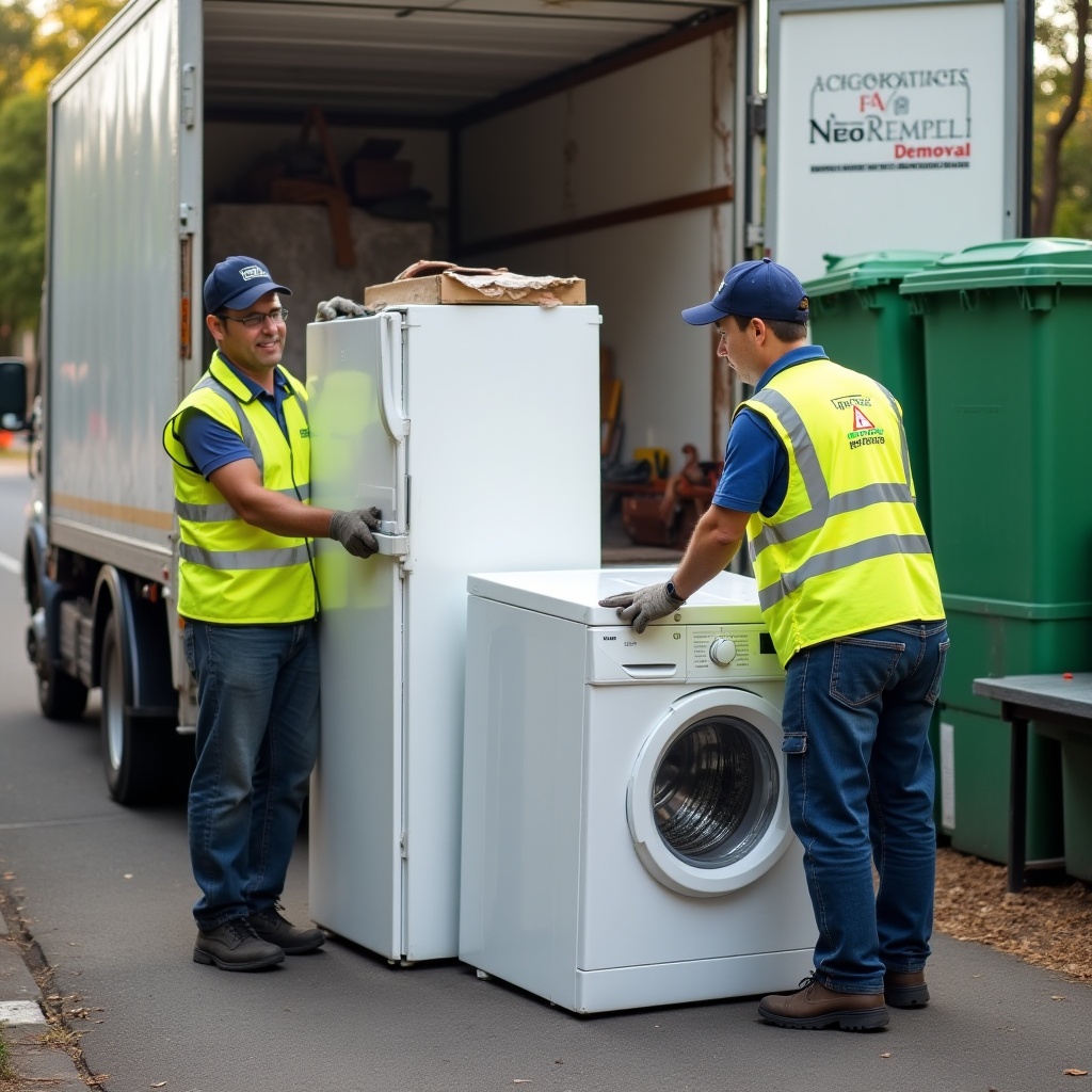 A friendly professional worker in Melbourne wearing a uniform, carrying a household appliance for eco-friendly removal and disposal.