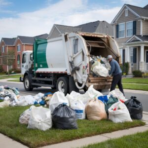 Garbage truck collecting waste in a residential area, showcasing Melbourne Cheap's reliable and efficient waste management services in Melbourne.