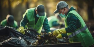Green-vested workers diligently collecting trash bags, showcasing Melbourne Cheap's commitment to teamwork and environmental conservation in waste management.
