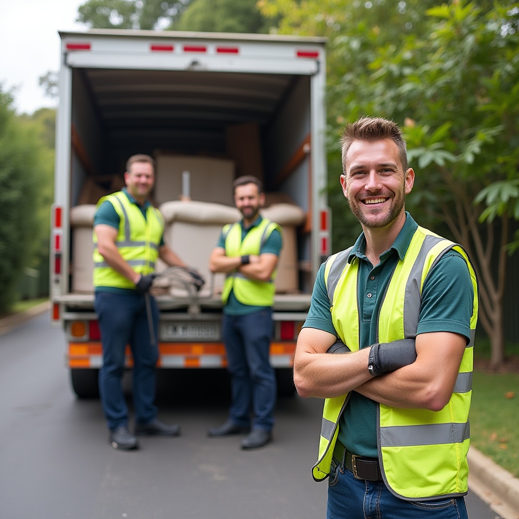 A cheerful professional rubbish removal team in Melbourne wearing uniforms and safety gear, ready to remove junk and dispose of it responsibly.
