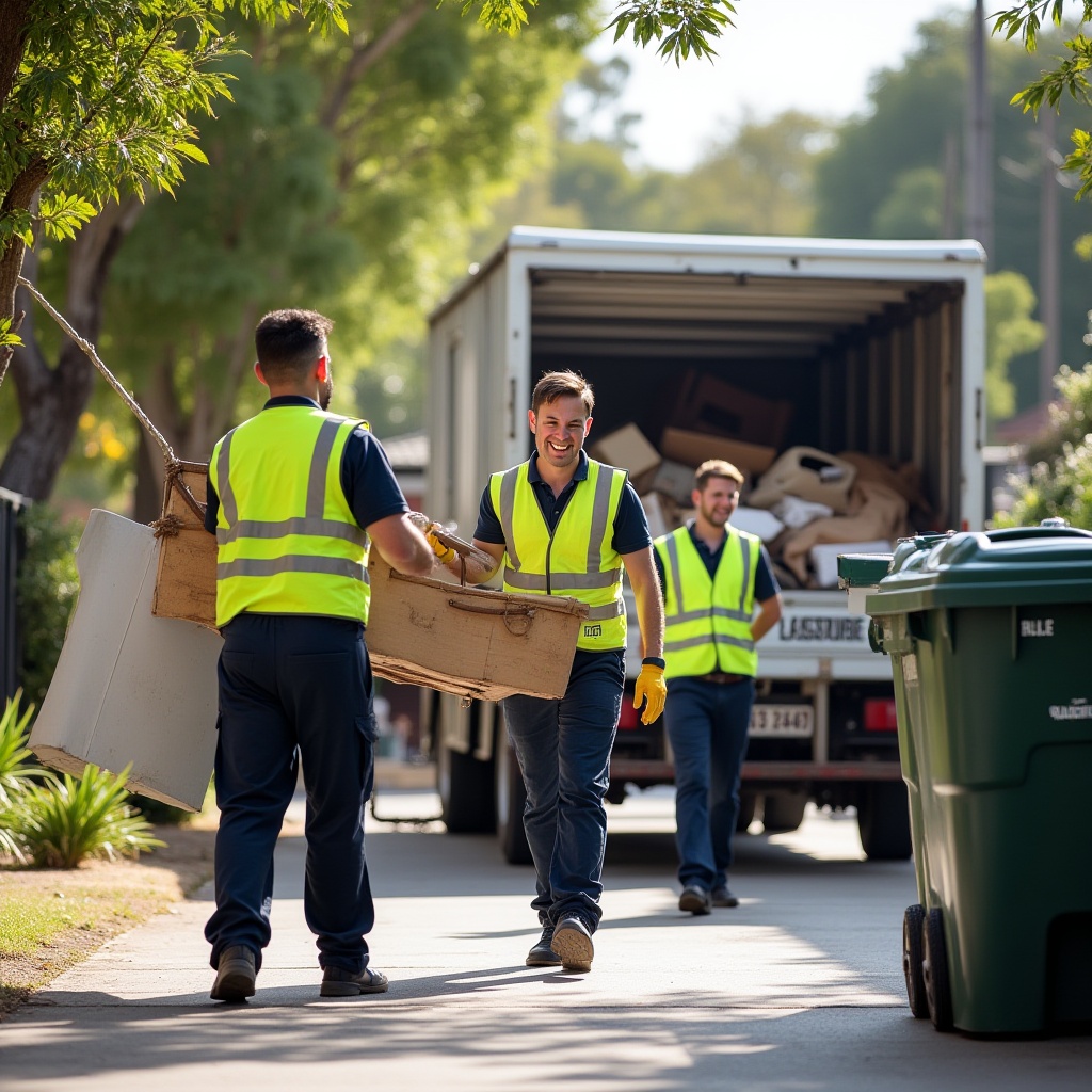 A friendly and professional rubbish removal team in Melbourne wearing uniforms and safety gear, offering reliable and eco-friendly waste removal services.