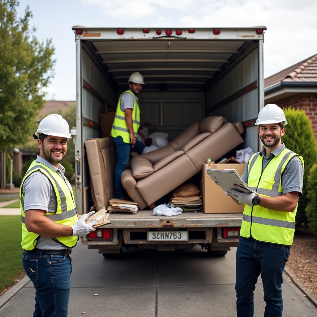 A friendly and professional household rubbish removal team in Melbourne wearing uniforms and safety gear, ready to clear general household junk responsibly.