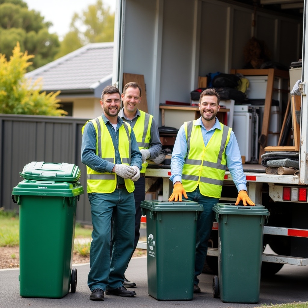 A friendly rubbish removal team in Melbourne wearing uniforms and safety gear, offering professional and eco-friendly waste removal services.
