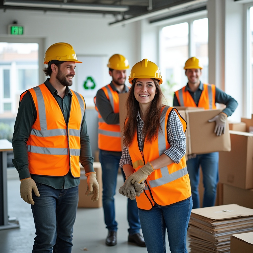 A group of professional rubbish removal workers in Melbourne wearing uniforms and safety gear, prepared to remove office waste responsibly and efficiently.