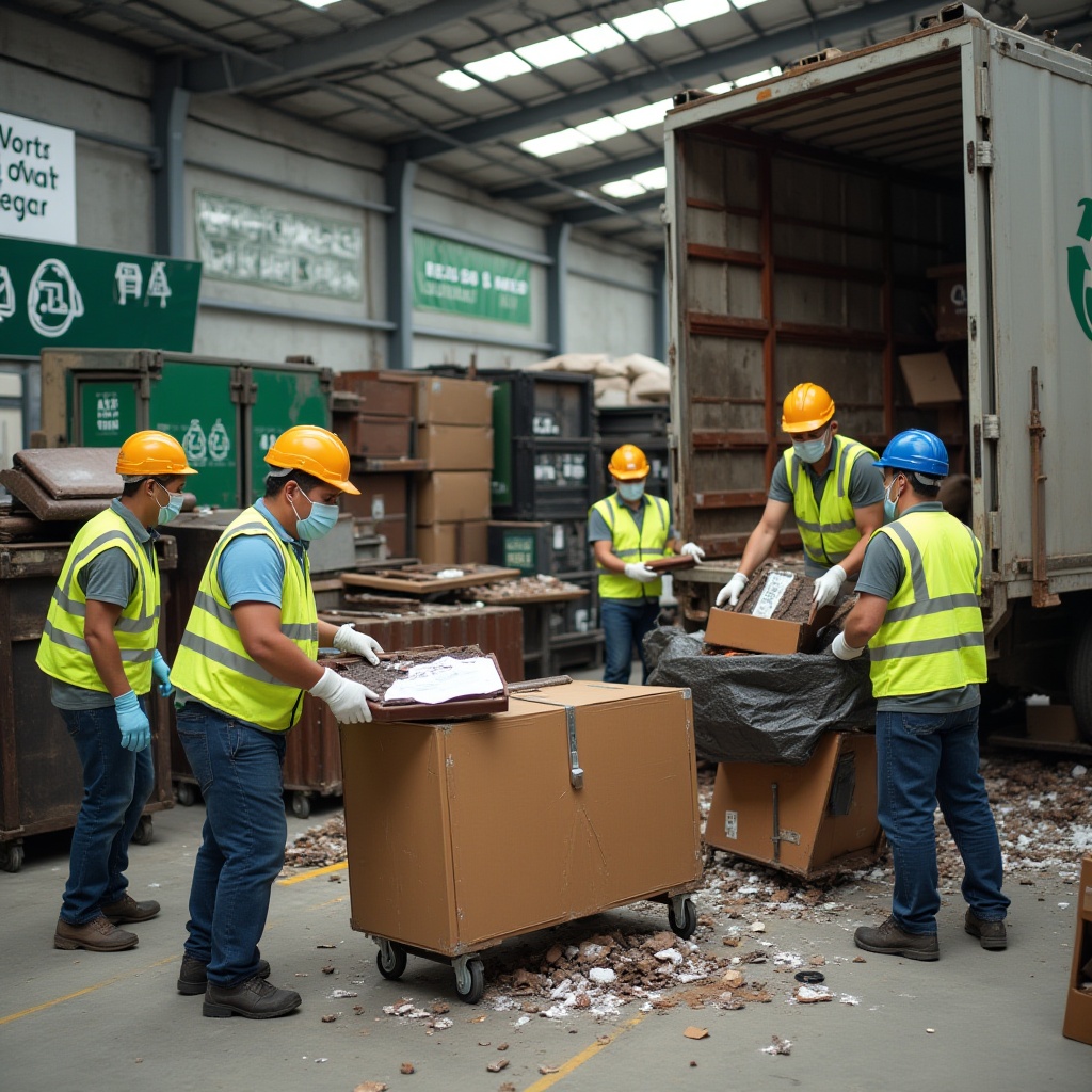 A group of professional rubbish removal workers in Melbourne wearing uniforms and safety gear, ready to remove rubbish and dispose of it responsibly.