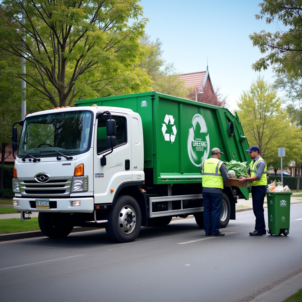 Modern waste collection truck with hydraulic loader efficiently handling garden and green waste in Melbourne.