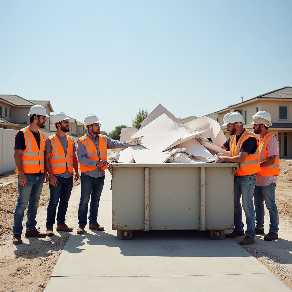 A photo-realistic image of a small team of construction workers standing beside a skip bin filled with clean, broken plasterboard. One worker points toward the bin while others lift sheets from the ground. The setting is a quiet suburban construction site with partially built homes and safety barriers in view. Bright daylight with clear skies.
