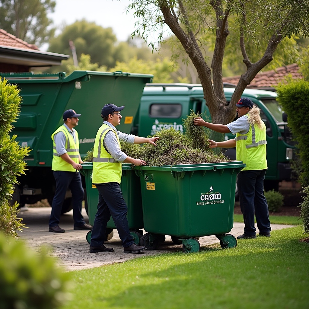 Professional garden waste removal team actively clearing branches and leaves in Melbourne.
