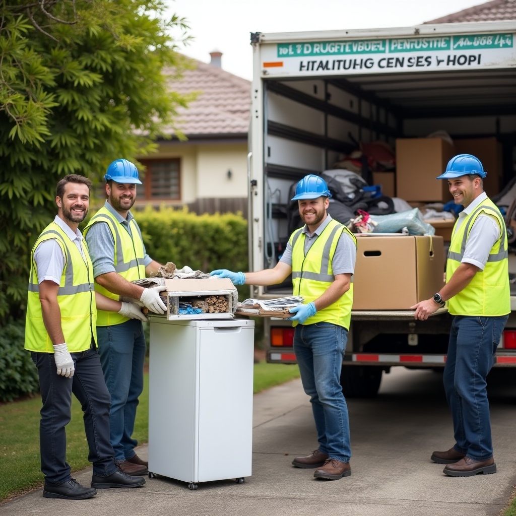 A professional household rubbish removal team in Melbourne wearing uniforms and safety gear, ready to clear general household waste responsibly.