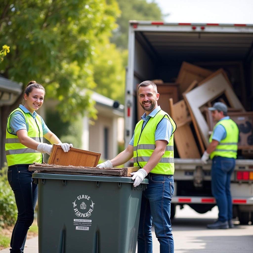 A professional rubbish removal team in Melbourne wearing uniforms and safety gear, ready to provide expert and eco-friendly waste removal services.