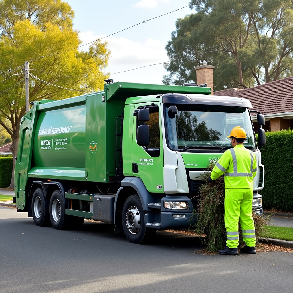Modern eco-friendly waste removal truck servicing garden and green waste in Melbourne.