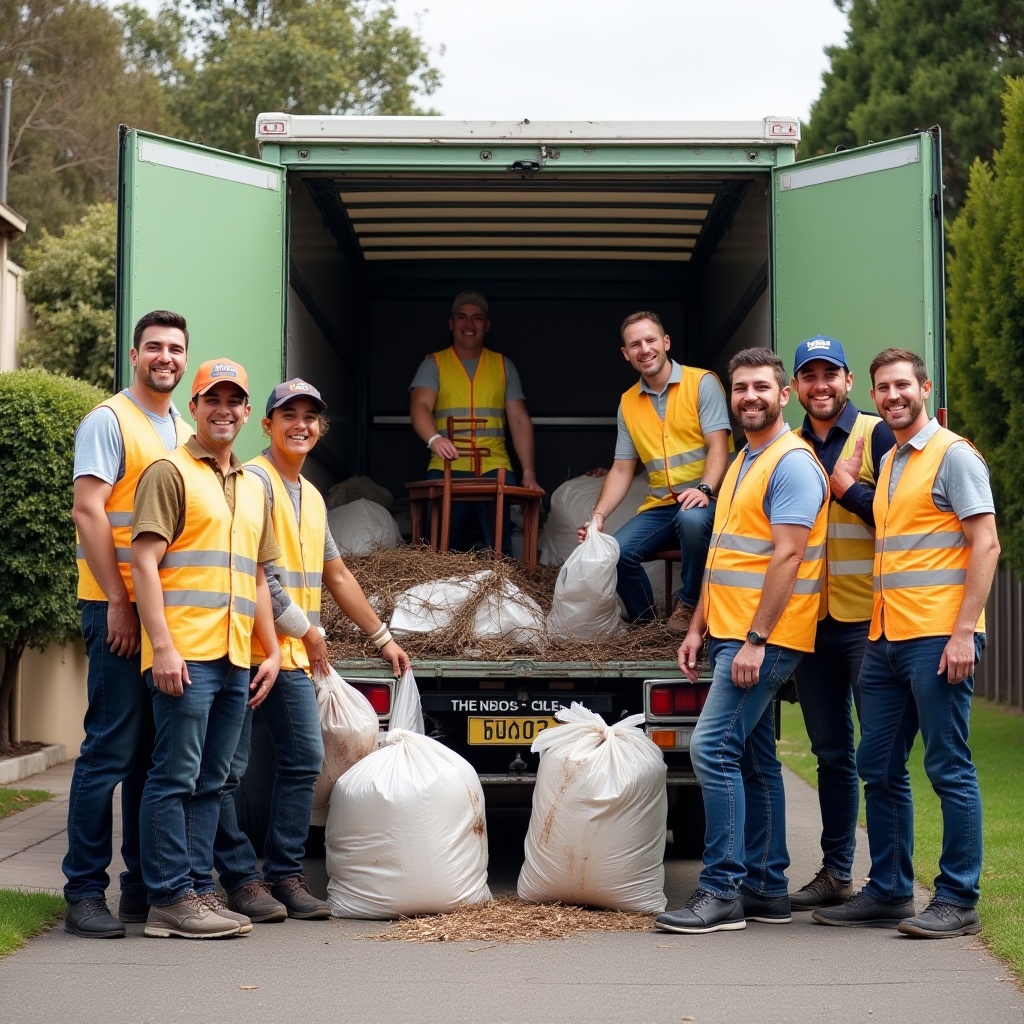 A team of friendly Melbourne cleaners in uniform, holding cleaning tools and smiling, ready for professional cleaning services.