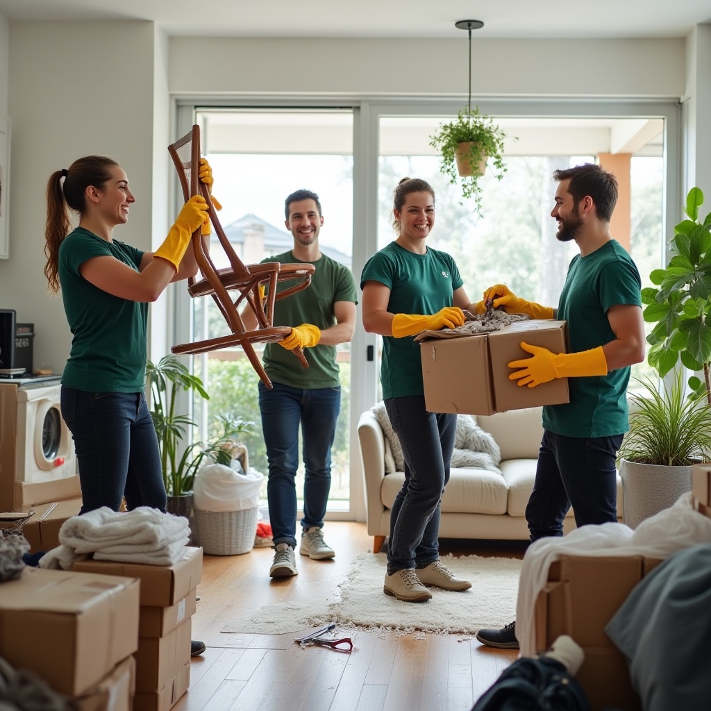 A team of friendly professional cleaners in Melbourne wearing uniforms and safety gear, offering expert and eco-friendly cleaning services.