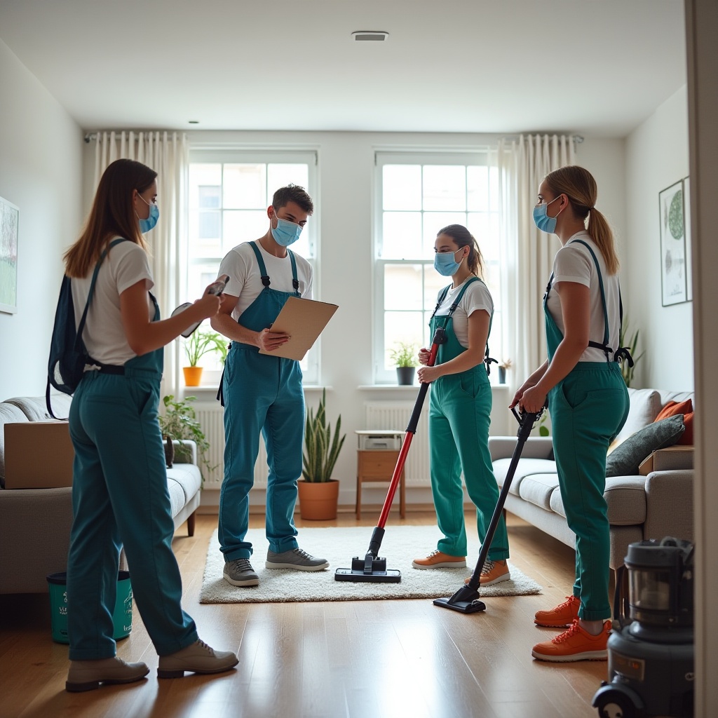 A team of professional cleaners in Melbourne wearing uniforms and safety gear, ready to provide expert and eco-friendly cleaning services.