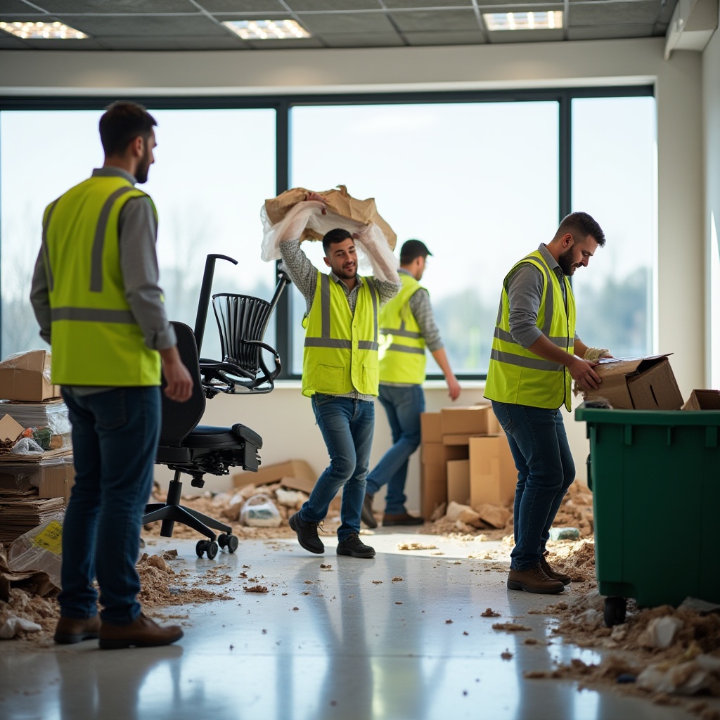 A team of professional rubbish removal workers in Melbourne wearing uniforms and safety gear, ready to remove office junk and waste responsibly.
