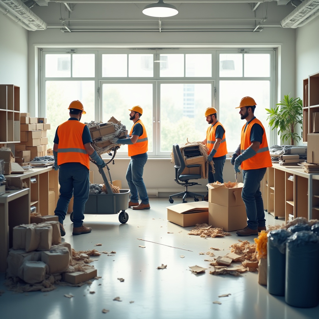 A team of professional rubbish removal workers in Melbourne wearing uniforms and safety gear, prepared to remove office waste efficiently and responsibly.