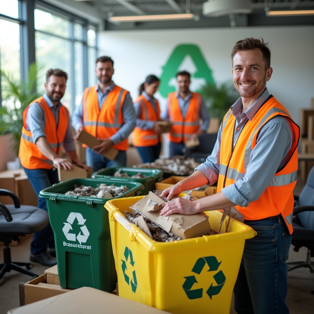 A team of professional rubbish removal workers in Melbourne wearing uniforms and safety gear, prepared to remove office junk efficiently and responsibly.