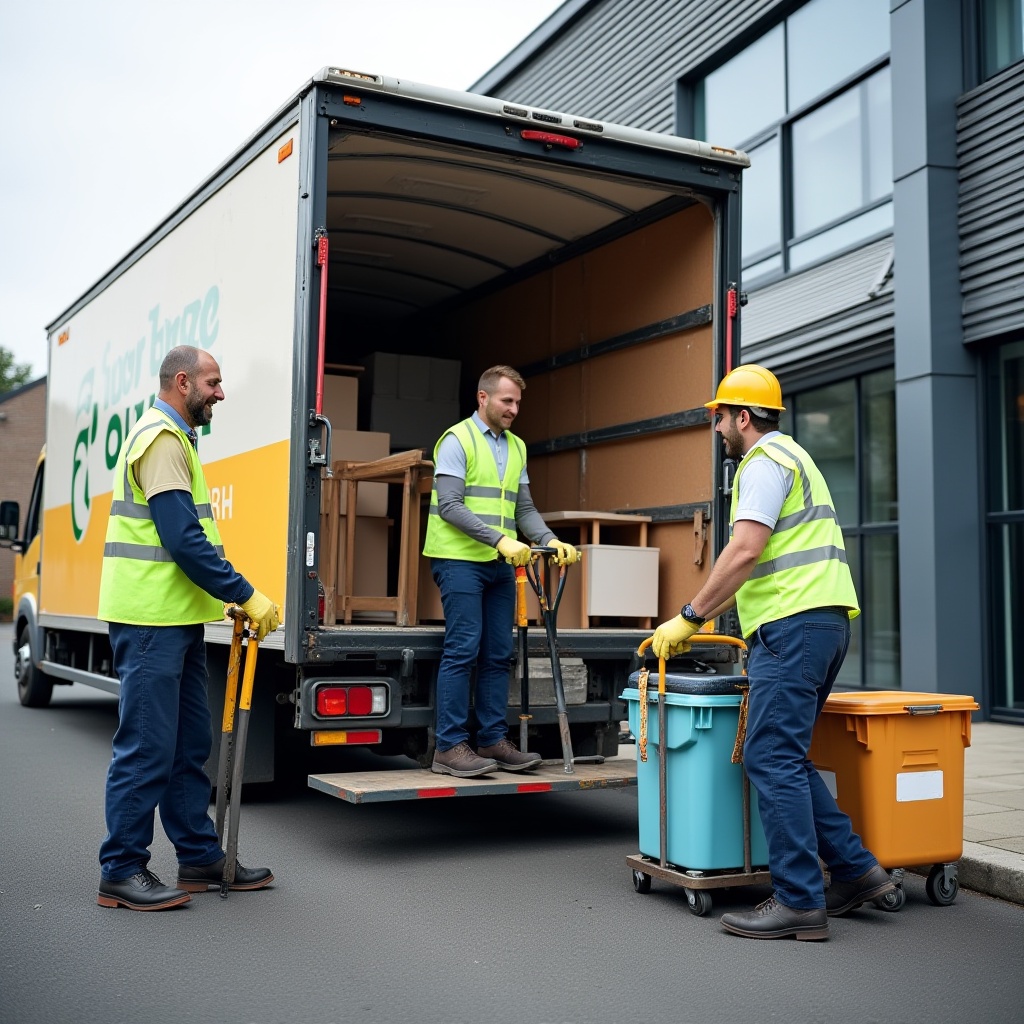 A team of professional rubbish removal workers in Melbourne wearing uniforms and safety gear, prepared to remove rubbish and dispose of it responsibly.