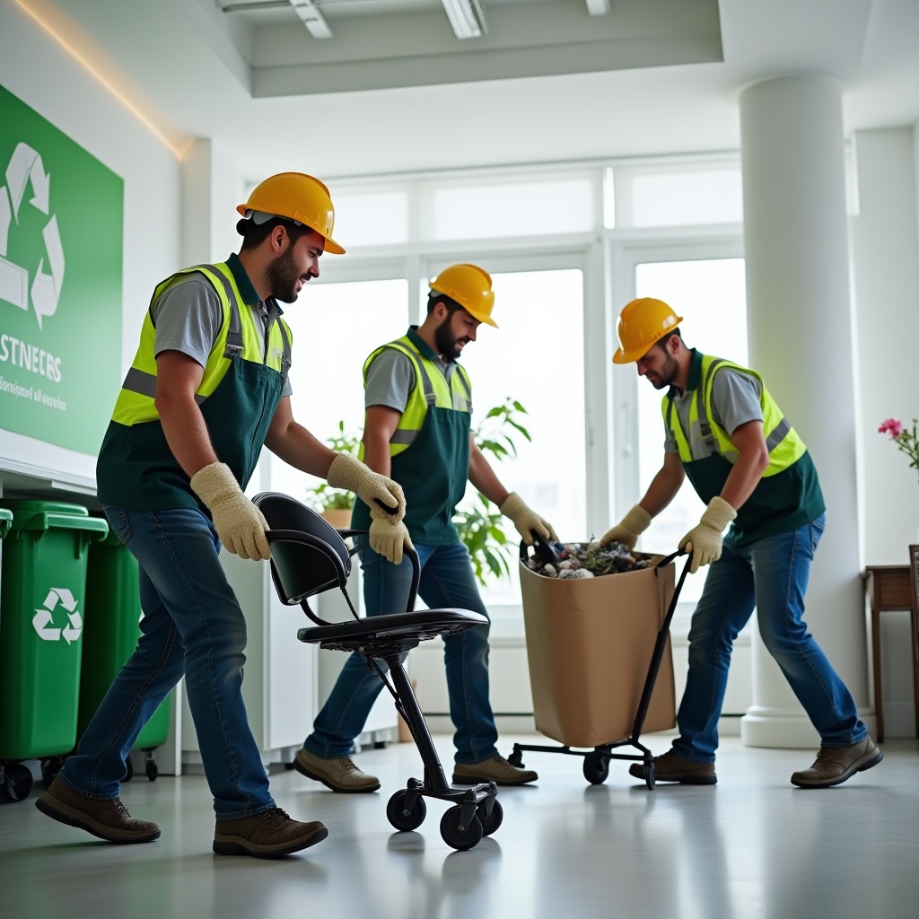 A team of professional rubbish removal workers in Melbourne wearing uniforms and safety gear, ready to remove office junk and dispose of it responsibly.