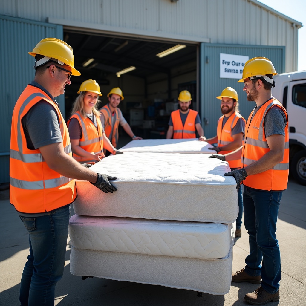 Highly realistic image of rubbish removal workers standing in front of a waste collection truck in Melbourne