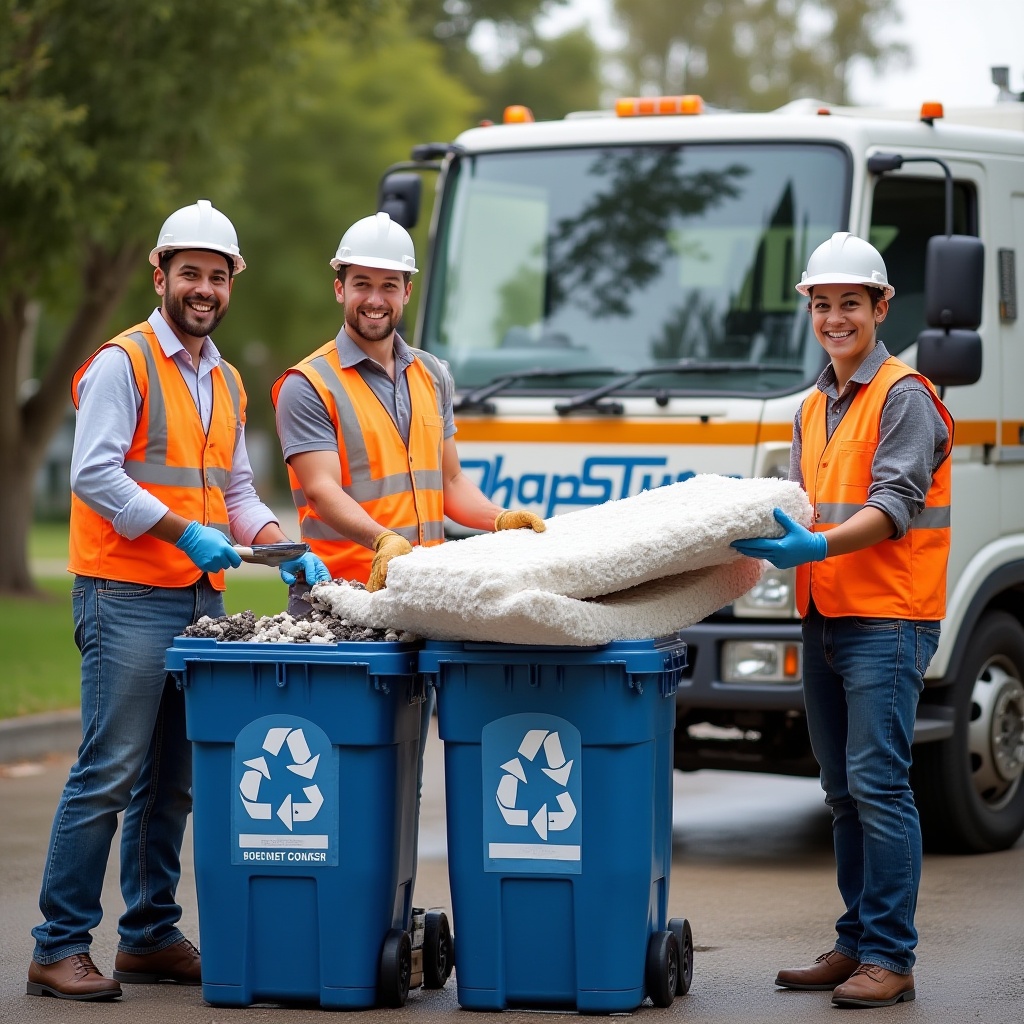 Highly realistic image of rubbish removal workers standing with waste collection truck in Melbourne