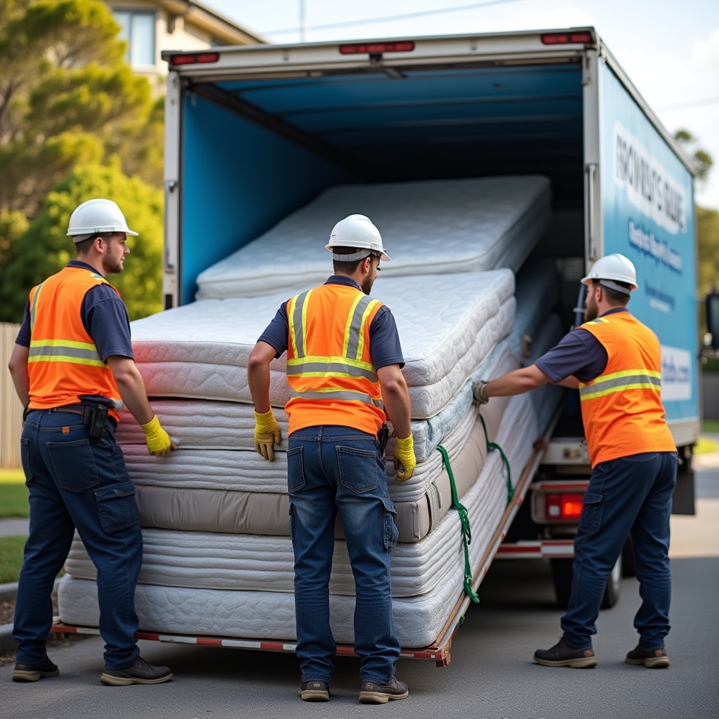 Highly realistic image of rubbish removal workers wearing safety gear while clearing waste in Melbourne
