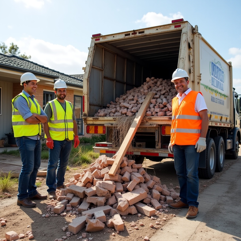 Professional waste removal worker wearing safety gear sorting rubbish for disposal