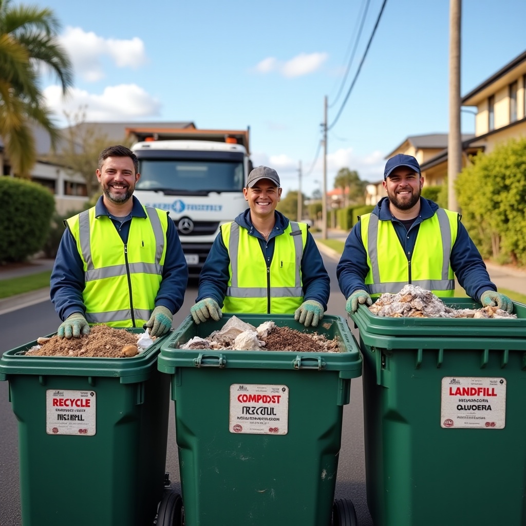 Photorealistic image illustrating a rubbish removal process with worker and waste truck in Melbourne