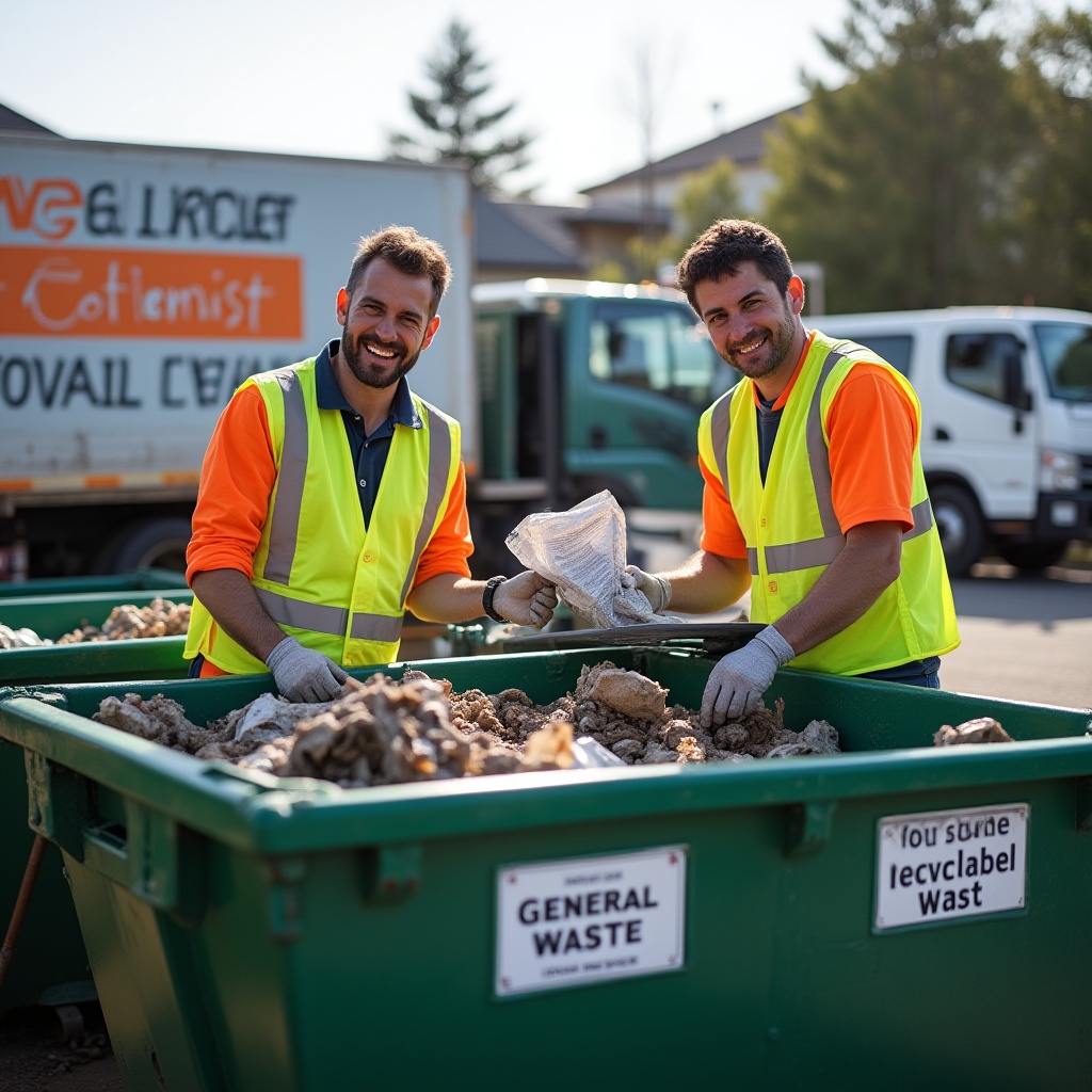 Photorealistic image of a rubbish removal worker loading waste into a truck in Melbourne