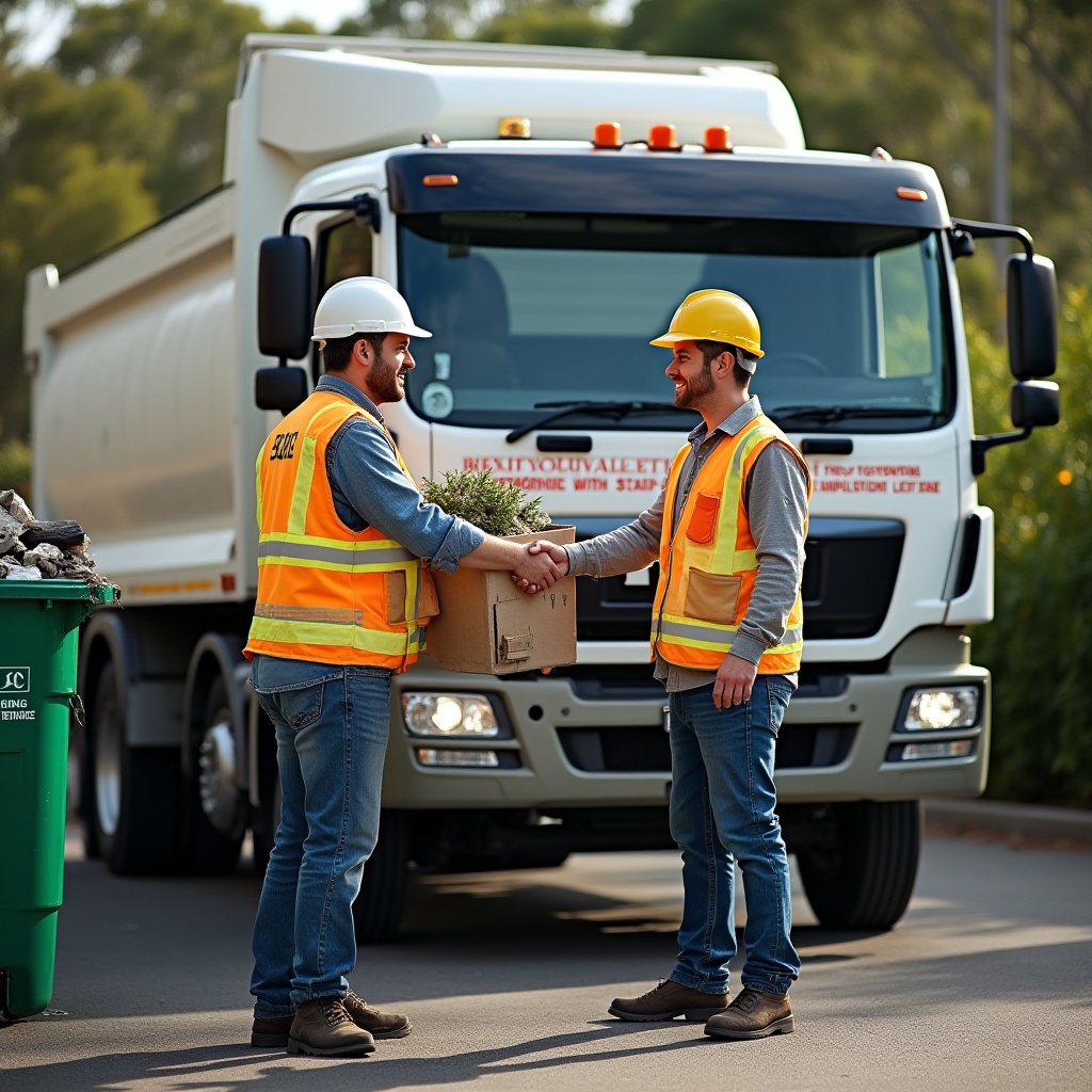 Photorealistic image of a collaborative rubbish removal team working together in Melbourne