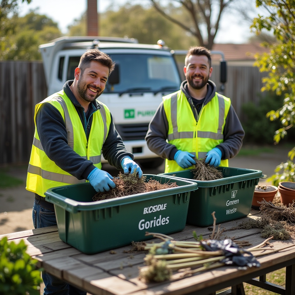 Photorealistic image of rubbish removal worker operating near a waste collection truck in Melbourne