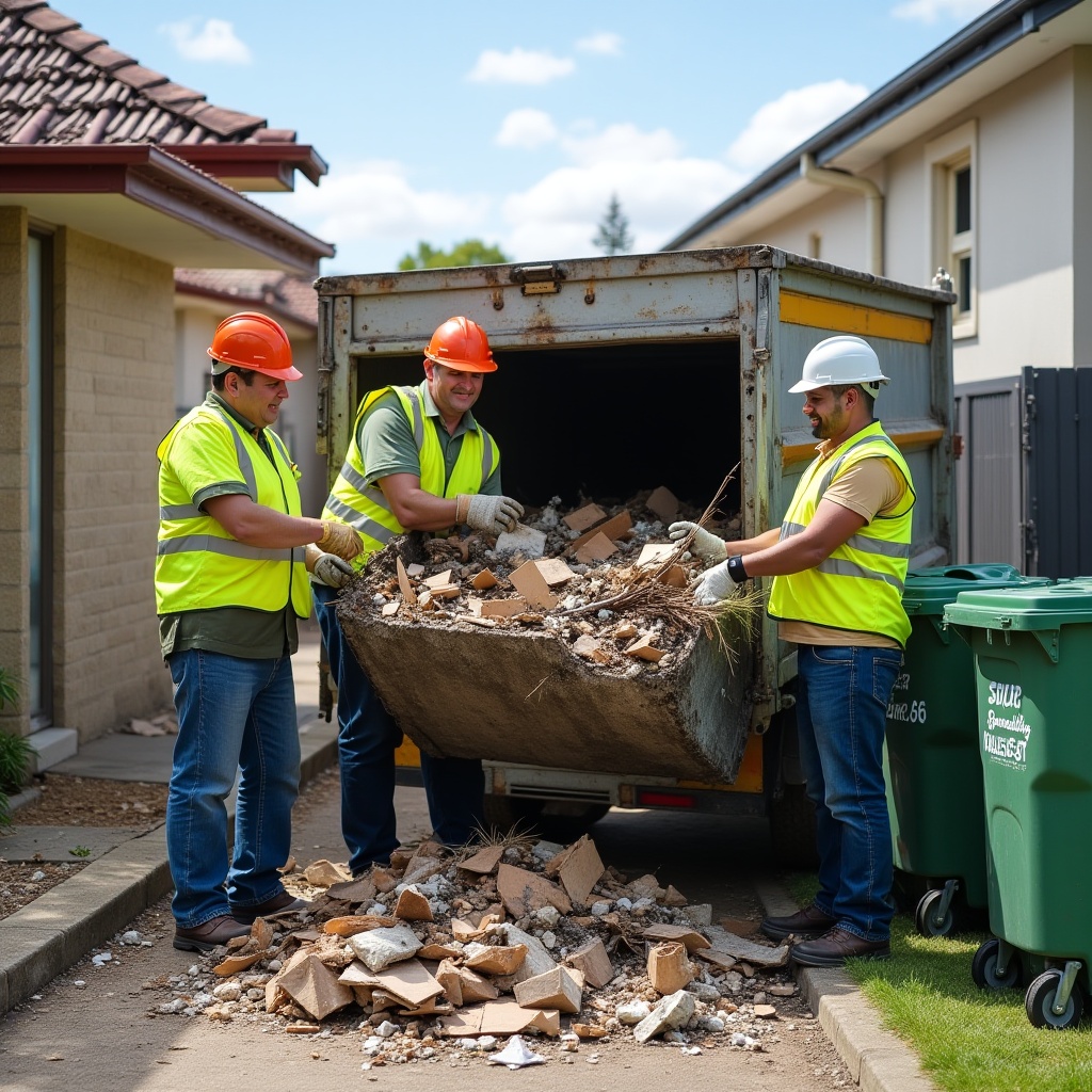 Realistic image of professional rubbish removal worker collecting and loading waste in Melbourne
