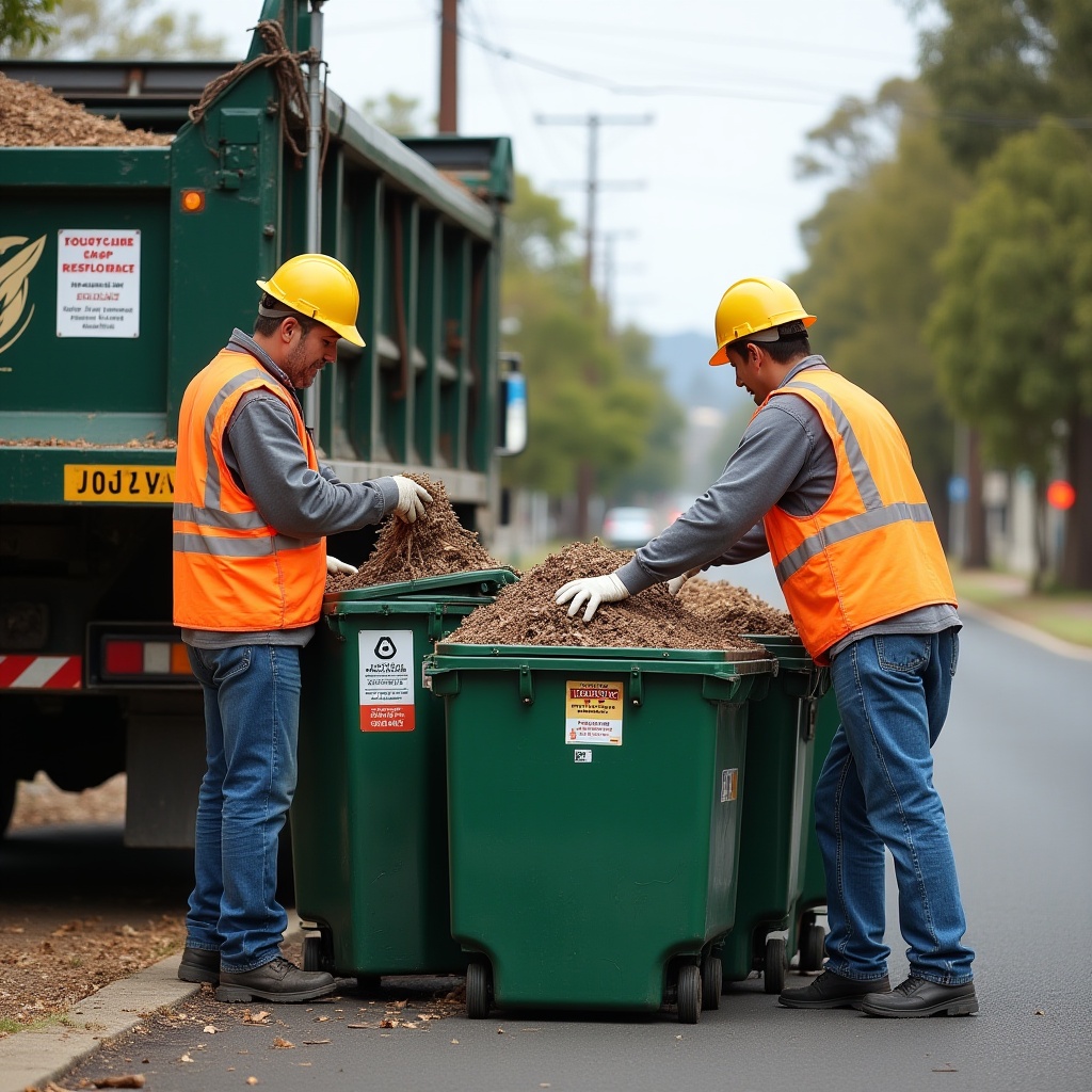 Realistic image depicting waste removal workers collecting and sorting rubbish in Melbourne
