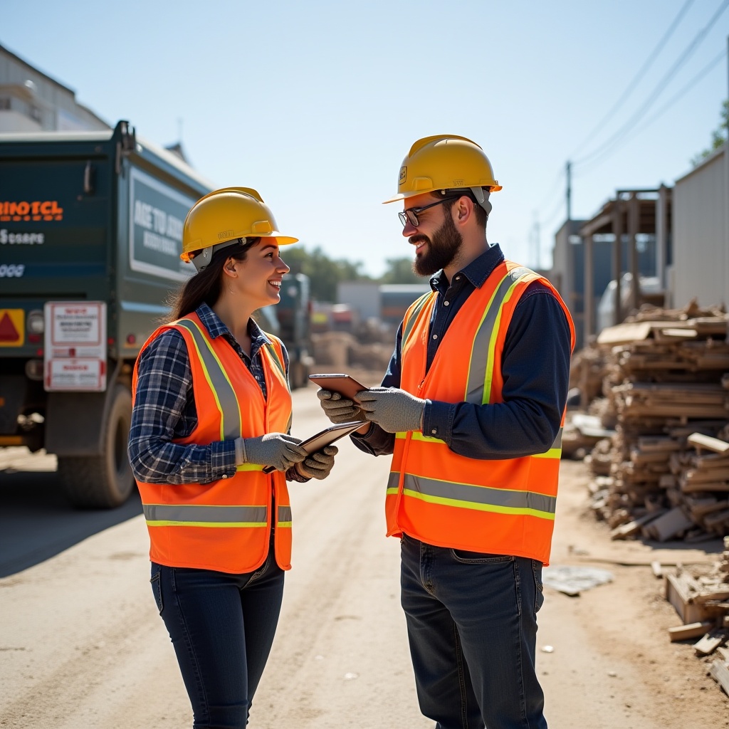 Realistic image of onsite customer support representative assisting clients with rubbish removal queries in Melbourne