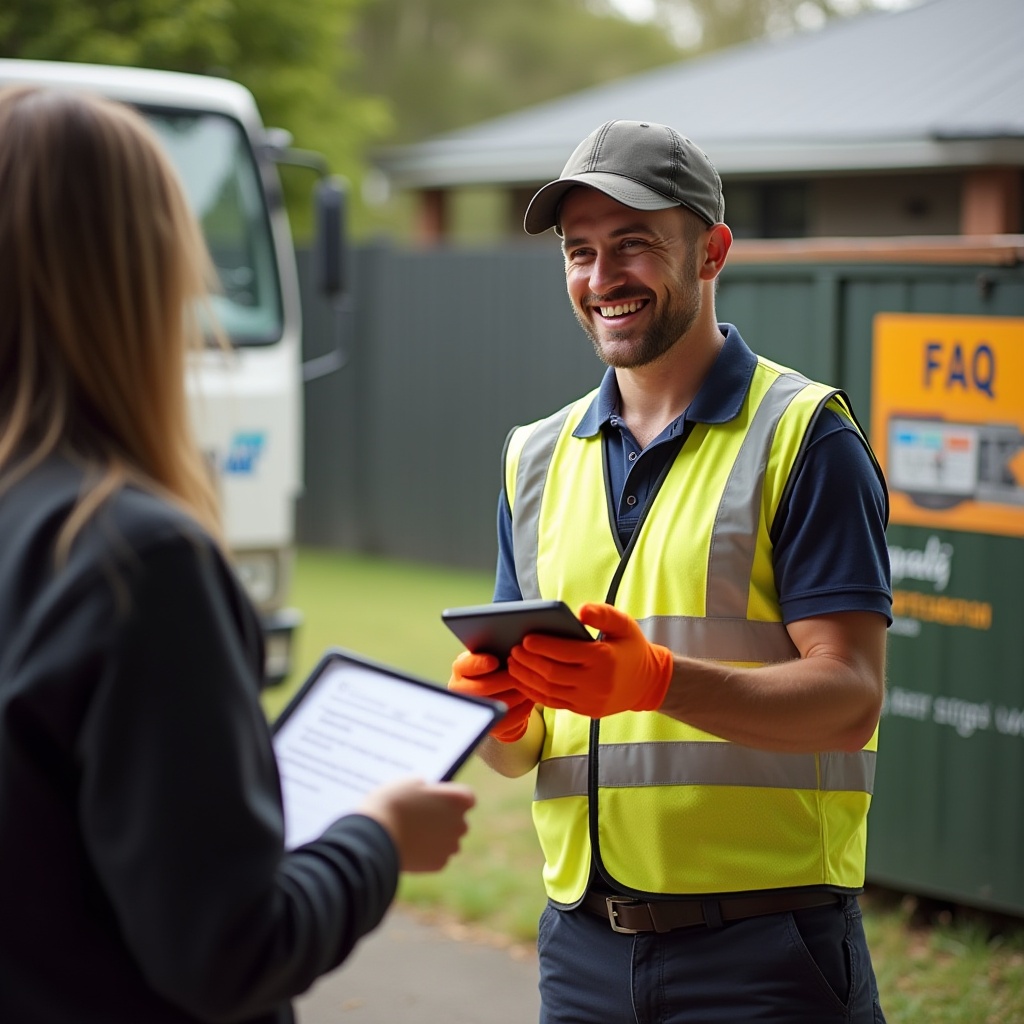 Realistic natural image of friendly rubbish removal workers assisting customers in Melbourne