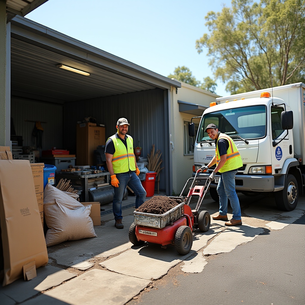 Photorealistic image of rubbish removal worker handling waste bin in Melbourne