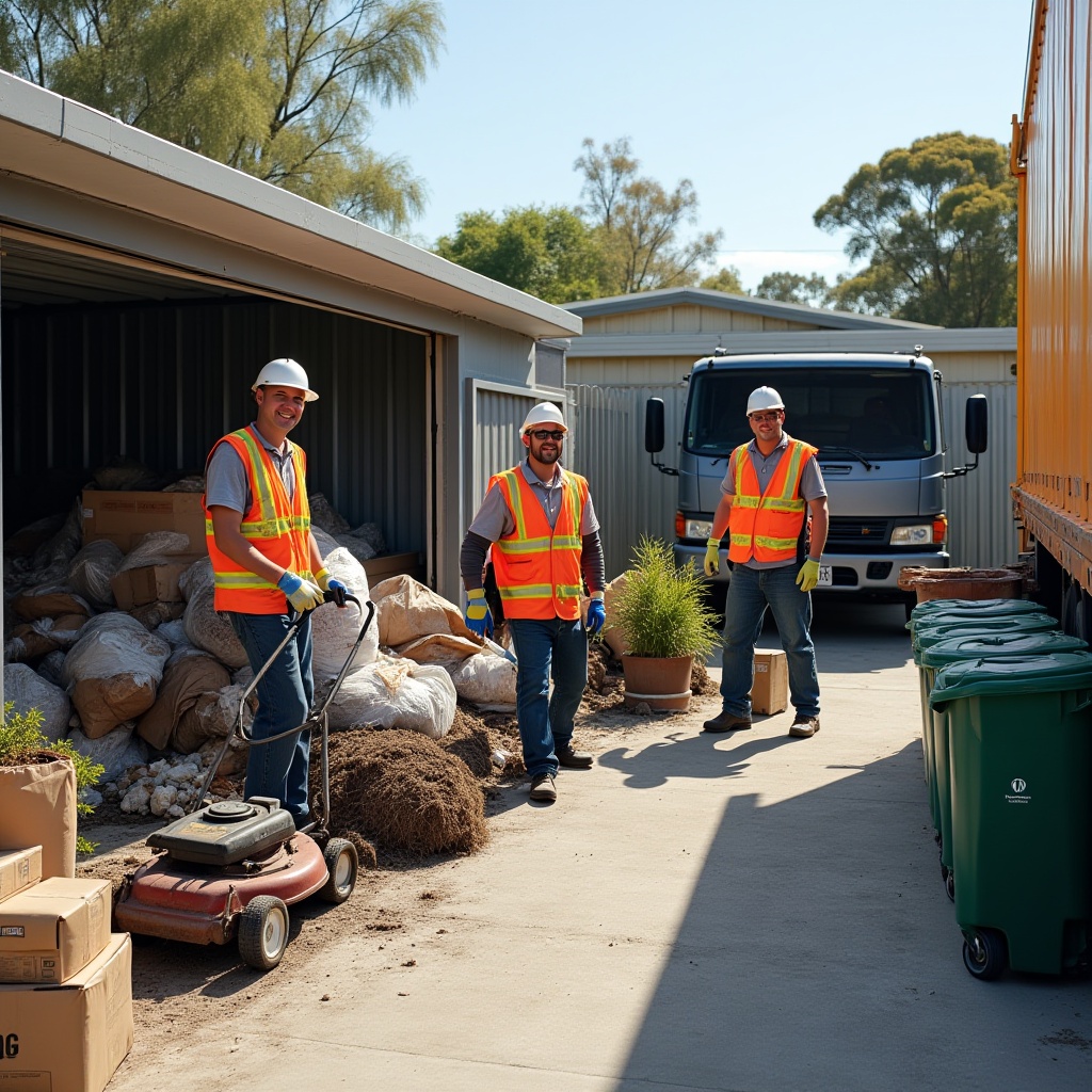 Photorealistic image of rubbish removal worker wearing safety gear handling waste bin in Melbourne