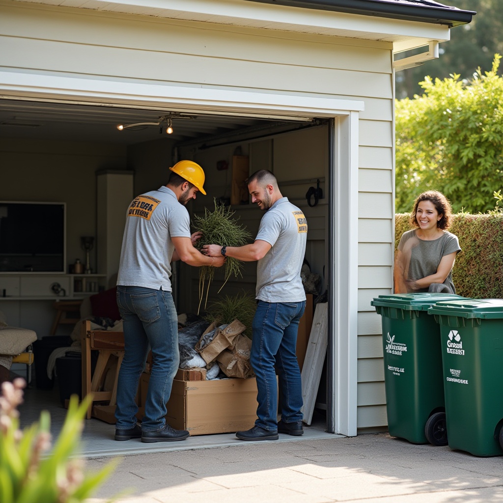 Photorealistic image of friendly professional rubbish removal worker smiling in Melbourne