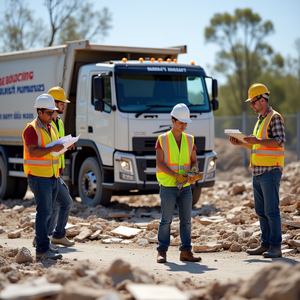 Realistic image of construction waste removal worker clearing debris from site in Melbourne