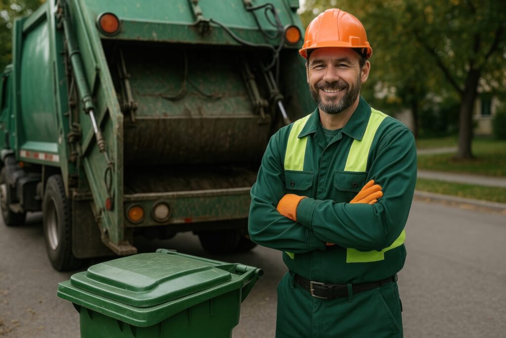 Smiling waste management worker providing green waste removal service in Melbourne garden